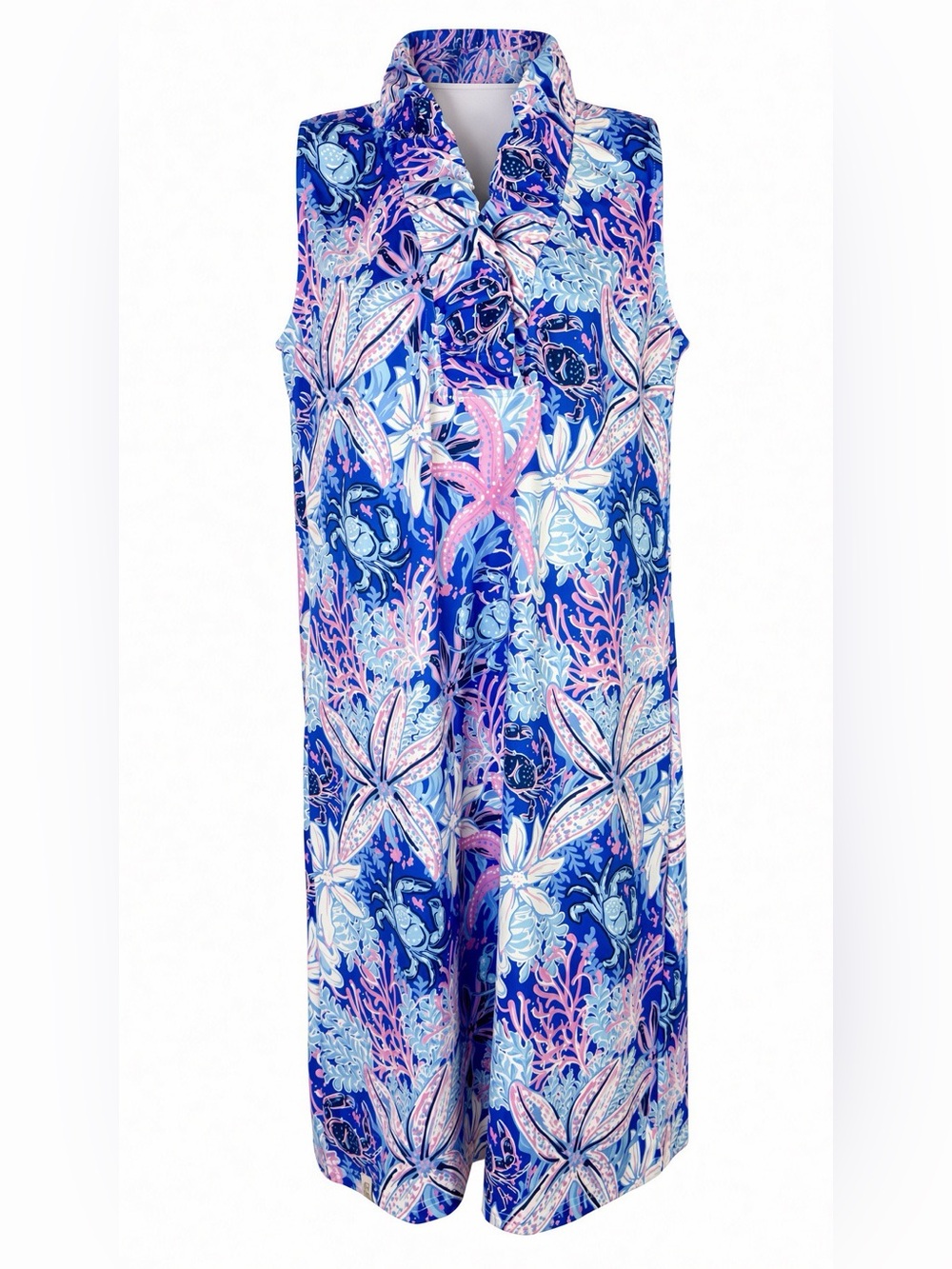 NWT Simply Southern S Ruffle Neck Dress Starfish Crab Coral UPF 50+ Blue Pink
